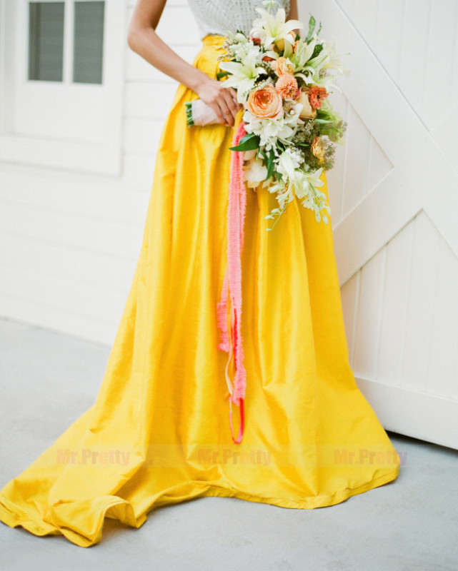 Yellow Satin Short Train Skirt Bridal Skirt