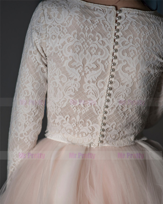 Champagne Lace Tulle Long Sleeve Wedding Top