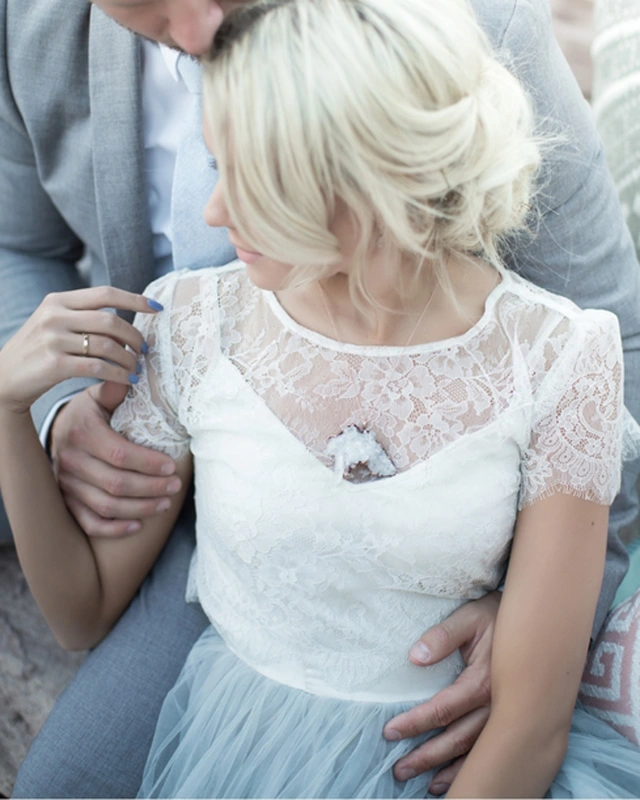 Blue Grey Long Tulle Bridal Skirt 2 Pieces Wedding Gown