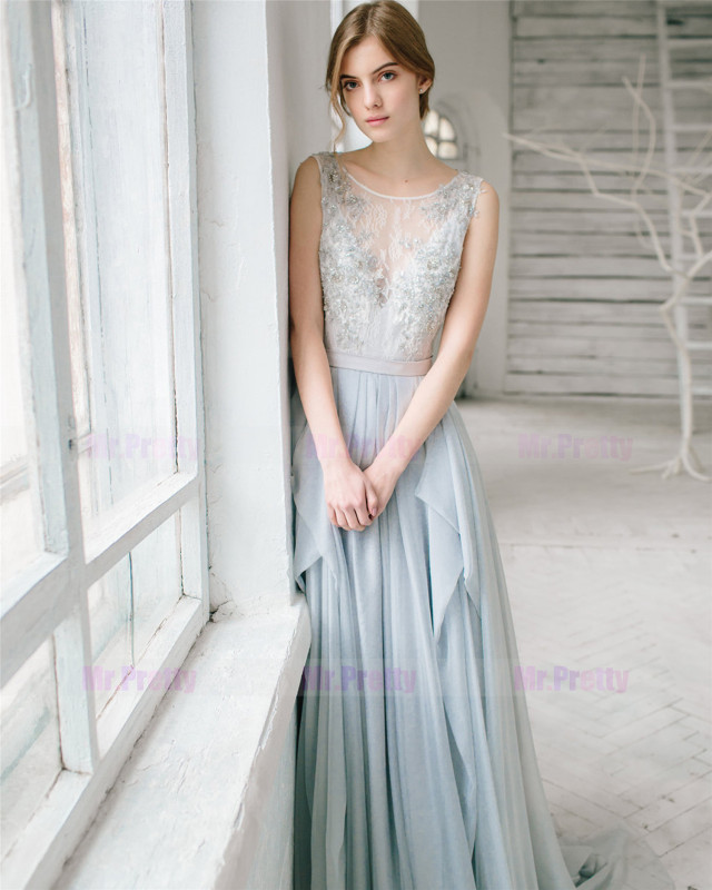Light Grey Lace Beads Bridal Top 2 Pieces Wedding Top