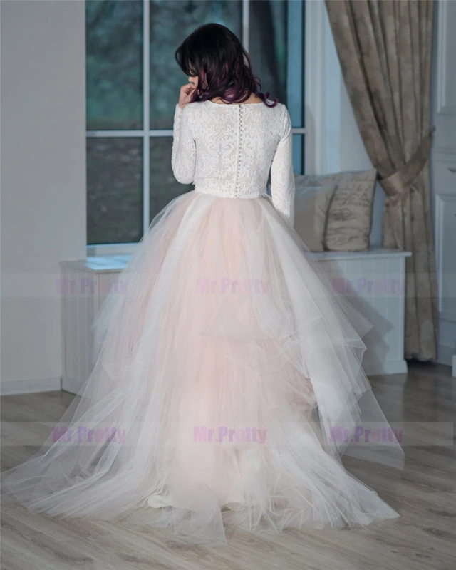 Champagne Lace Tulle Long Sleeve Wedding Top