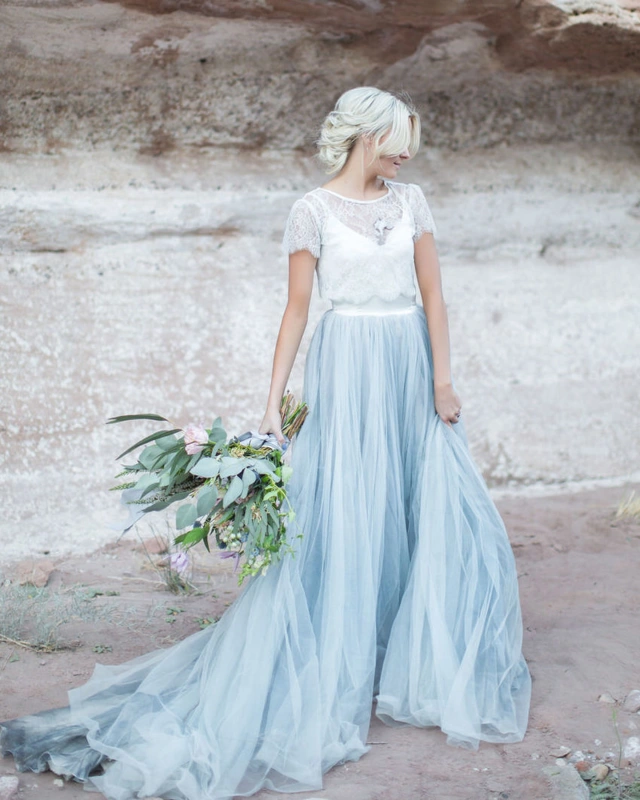 Blue Grey Long Tulle Bridal Skirt 2 Pieces Wedding Gown