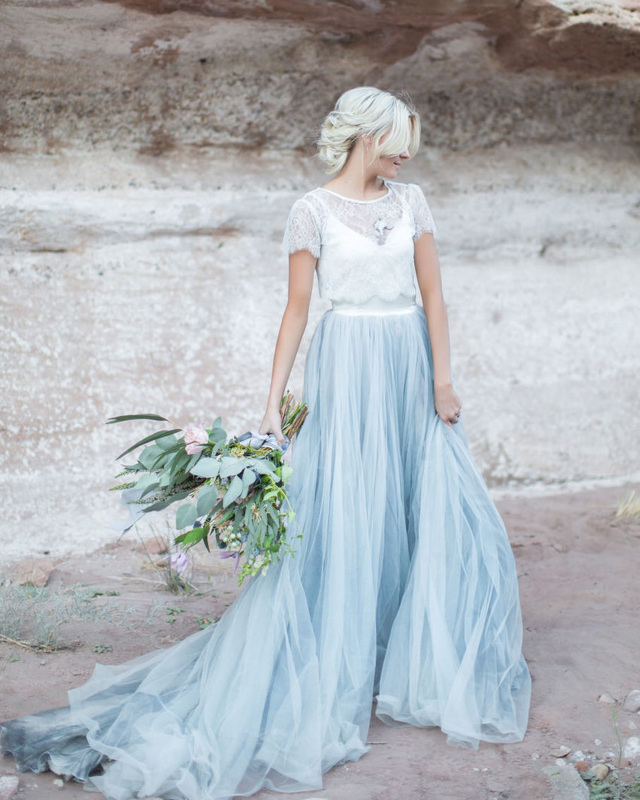 Blue Grey Long Tulle Bridal Skirt 2 Pieces Wedding Gown