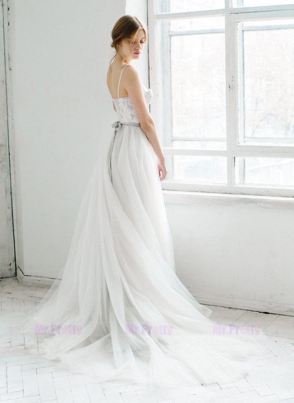 Ivory Lace Light Grey Tulle Bridal Dress