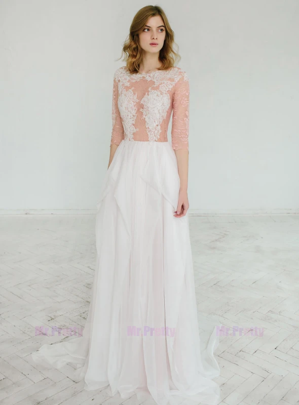 Ivory Lace Chiffon Long Sleeve Tulle Bridal Dress