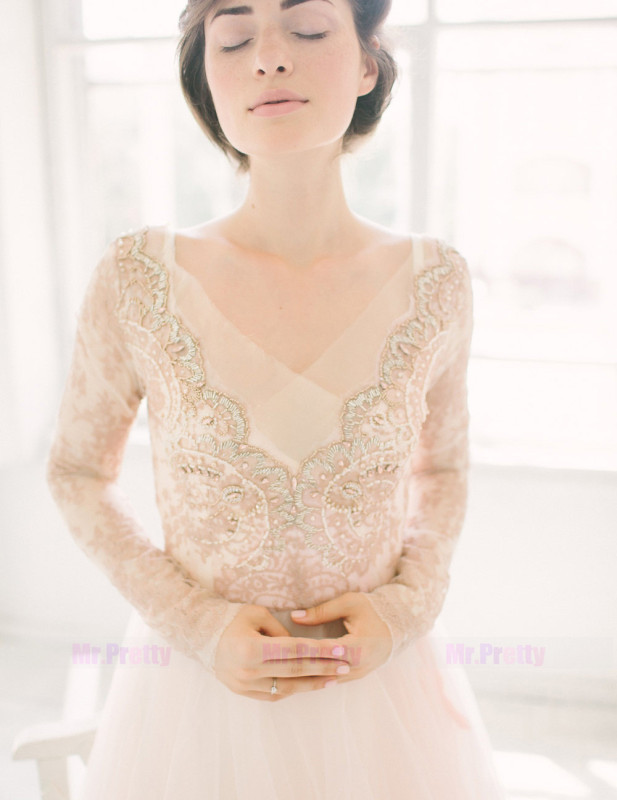 Mauve Lace Long Sleeve Beaded Lace Tulle Bridal Dress