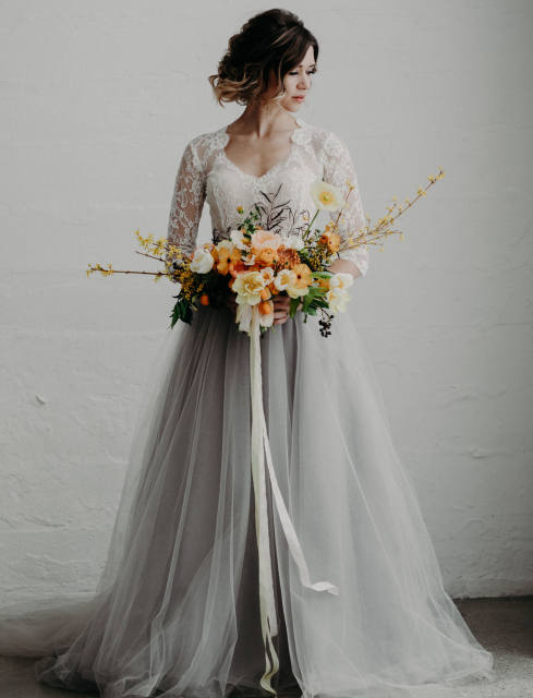 Grey Short Train Full Length Wedding Skirt 2 Pieces Wedding Gown