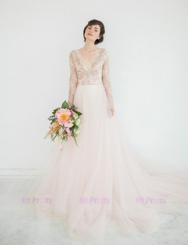 Mauve Lace Long Sleeve Beaded Lace Tulle Bridal Dress