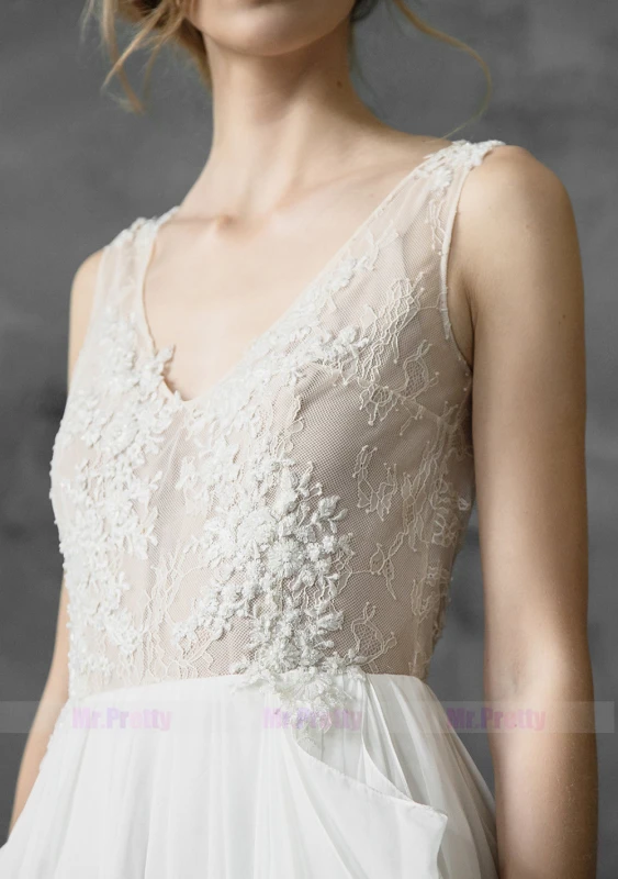 Ivory Lace V Neck Chiffon Bridal Dress Beach Bridal Gown