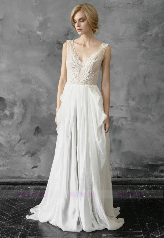 Ivory Lace V Neck Chiffon Bridal Dress Beach Bridal Gown