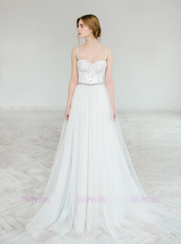 Ivory Lace Light Grey Tulle Bridal Dress