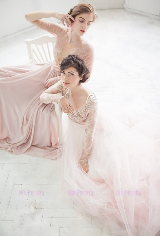 Champagne Lace Tulle Long Sleeve Wedding Top