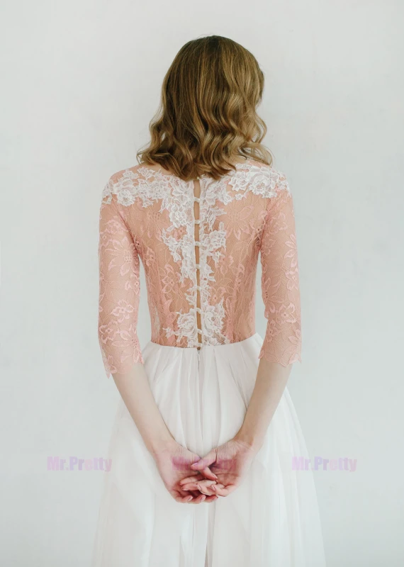 Ivory Lace Chiffon Long Sleeve Tulle Bridal Dress