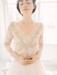 Champagne Lace Tulle Long Sleeve Wedding Top