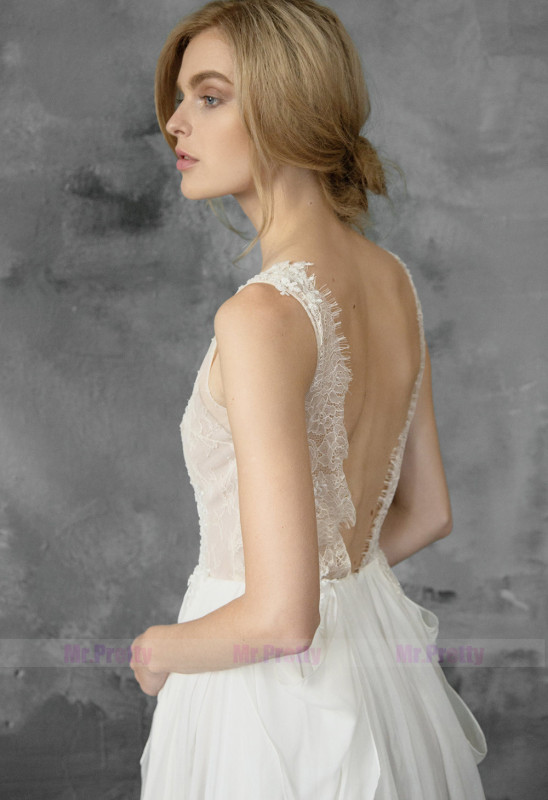 Ivory Lace V Neck Chiffon Bridal Dress Beach Bridal Gown