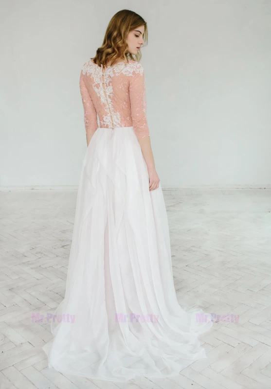 Ivory Lace Chiffon Long Sleeve Tulle Bridal Dress