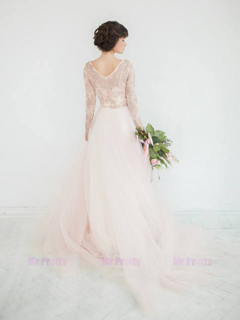 Champagne Lace Tulle Long Sleeve Wedding Top