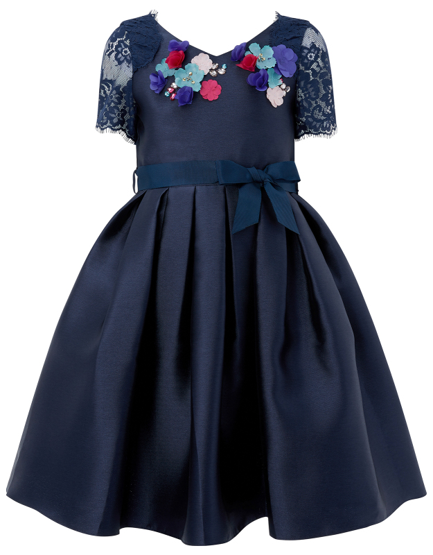 Navy Satin Lace Flower Girl Dress