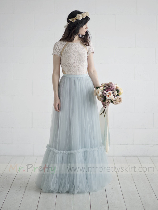 Dusty Blue Long Tulle Wedding Skirt Party Skirt