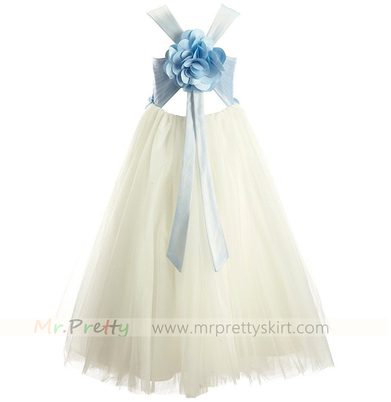 Blue Cream Tulle Flower Girls Dress