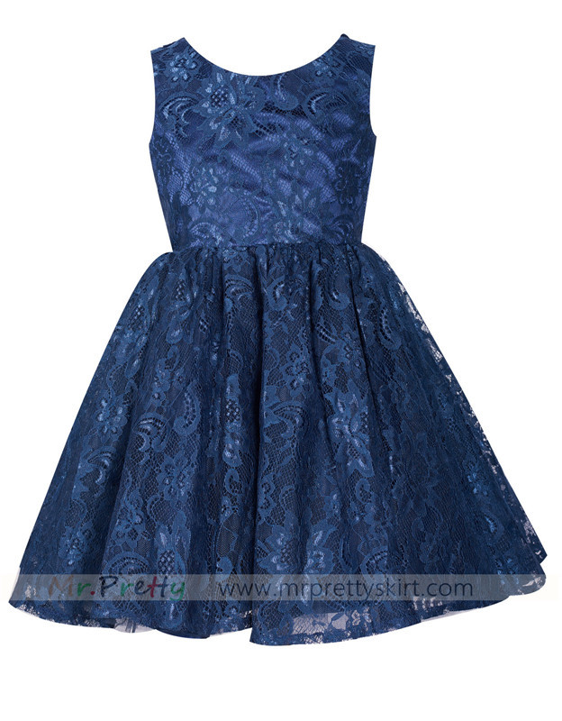 Navy Blue Lace Flower Girls Dress