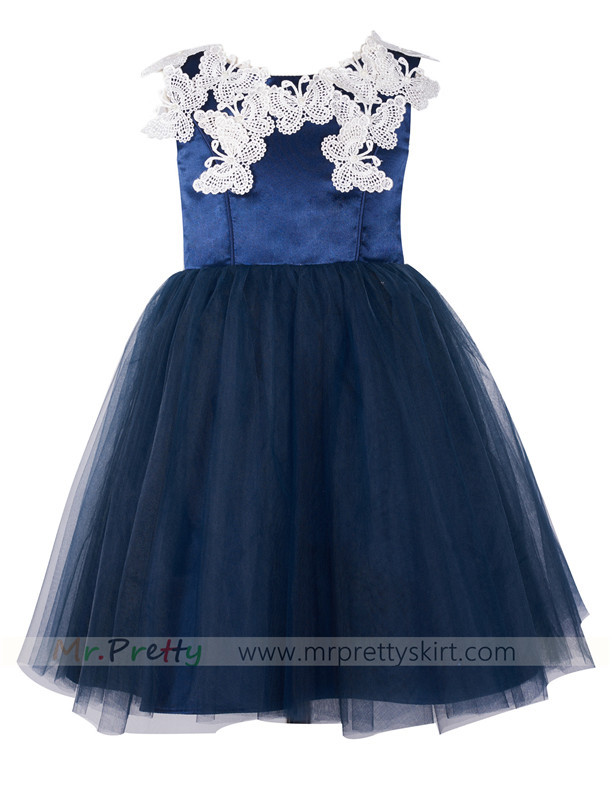 Navy Blue LaceTulle Flower Girl Dress