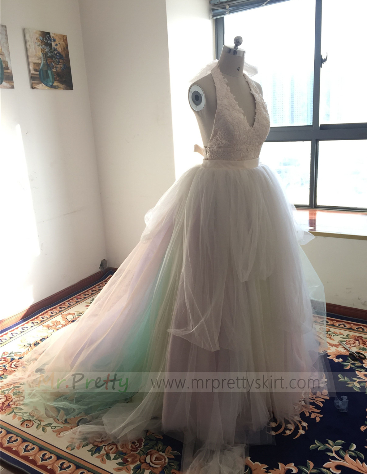 Rainbow Color Long Train Wedding Skirt Bridal Skirt