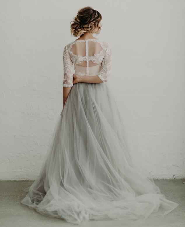 Grey Short Train Full Length Wedding Skirt 2 Pieces Wedding Gown