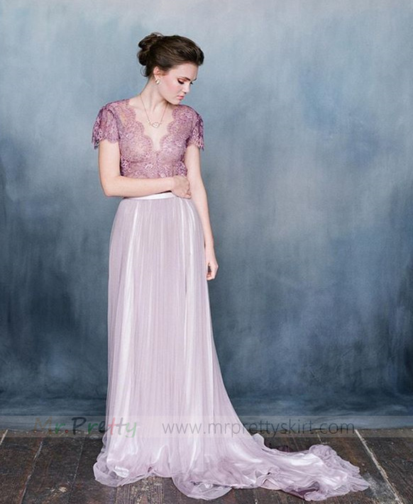 Purple Grey Short Train Wedding Skirt Bridal Skirt