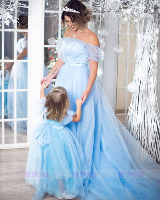 Blue Mother and Kids Wedding Party Dress  Parenting suit