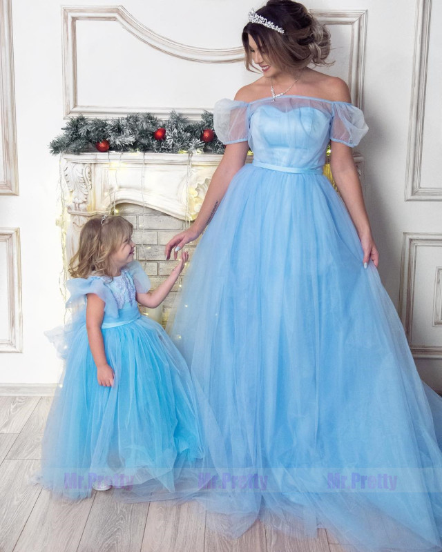 Blue Mother and Kids Wedding Party Dress  Parenting suit