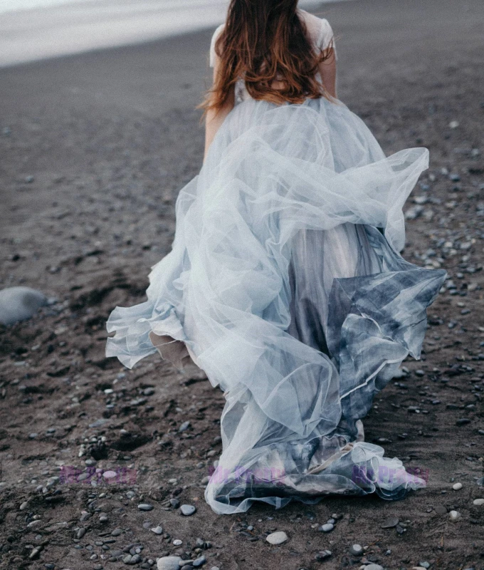 Grey Blue Chiffon Tulle Long Train Bridal Skirt 2 Pieces Bridal Gown