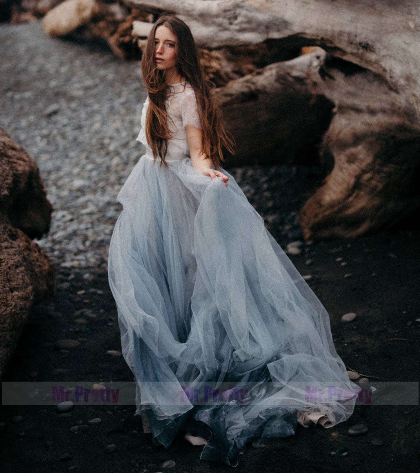 Grey Blue Chiffon Tulle Long Train Bridal Skirt 2 Pieces Bridal Gown