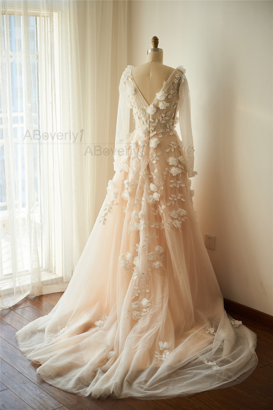 Champagne Tulle Ivory Lace  Bridal Dress Wedding Gown