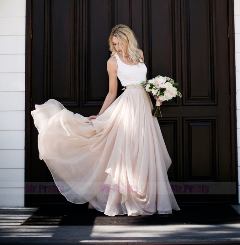 2 Pieces Blush Pink Wedding Dress Chiffon Bridal Gown