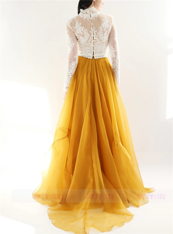 Gold Organza Silk Long Train Skirt Party Bridal Skirt Ivory Lace Top