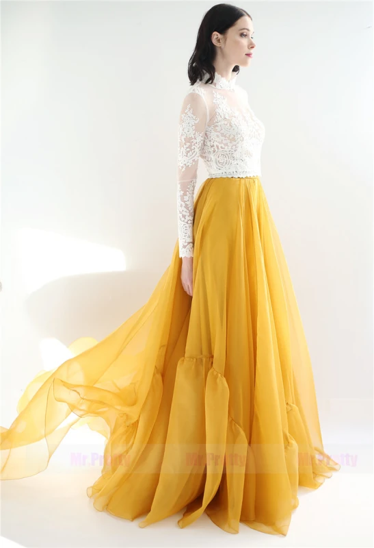 Gold Organza Silk Long Train Skirt Party Bridal Skirt Ivory Lace Top