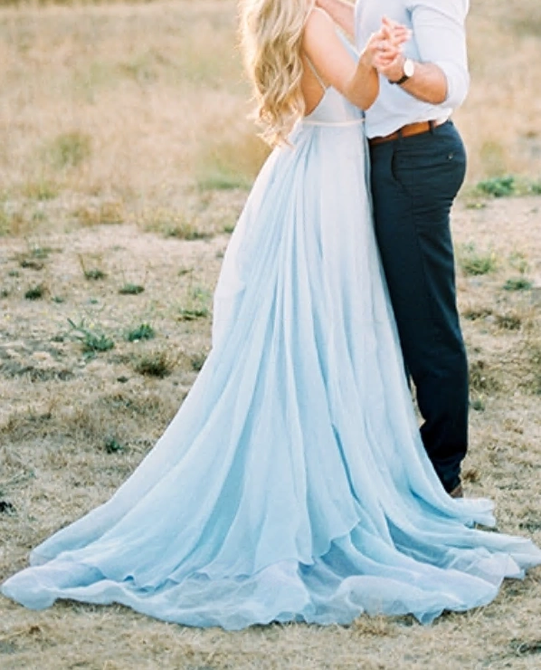 Grey Blue Chiffon Long Train Wedding Skirt  Sexy Prom Dress