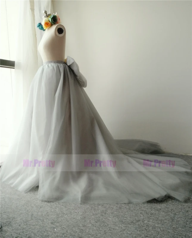 Grey Long Train Skirt Tulle Bow Skirt