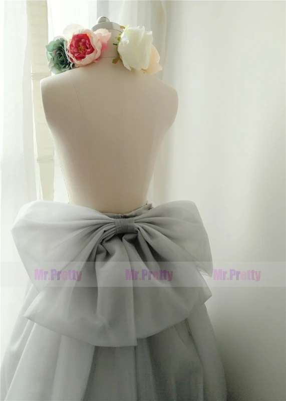 Grey Long Train Skirt Tulle Bow Skirt