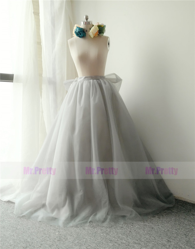 Grey Long Train Skirt Tulle Bow Skirt