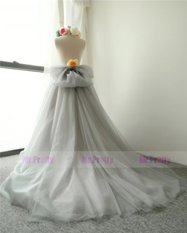 Grey Long Train Skirt Tulle Bow Skirt