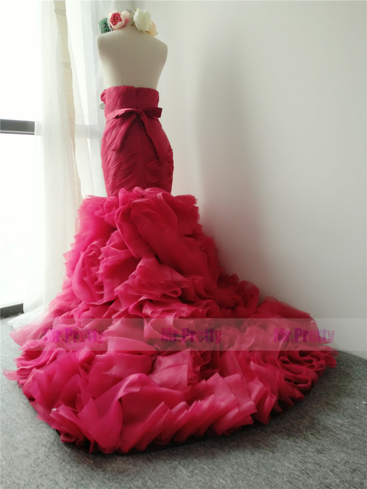 Burgundy Organza Long Train Bridal Dress Wedding Gown
