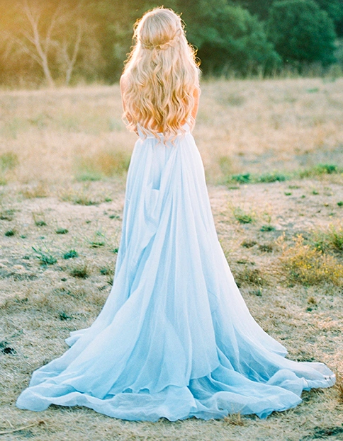 Grey Blue Chiffon Long Train Wedding Skirt  Sexy Prom Dress