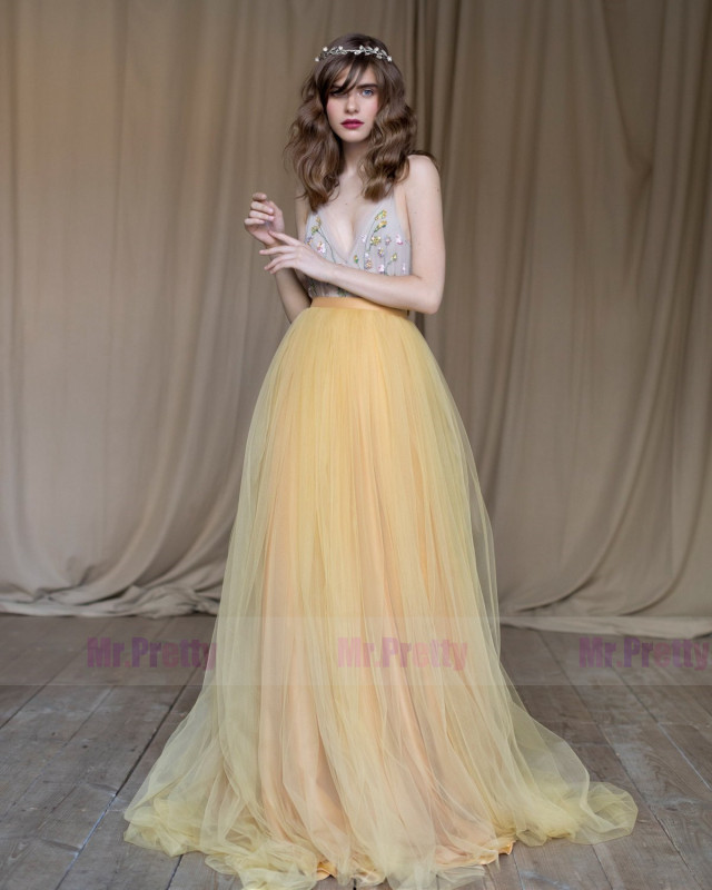 yellow Soft Tulle  Long Train Wedding Skirt Bridal Skirt Suit