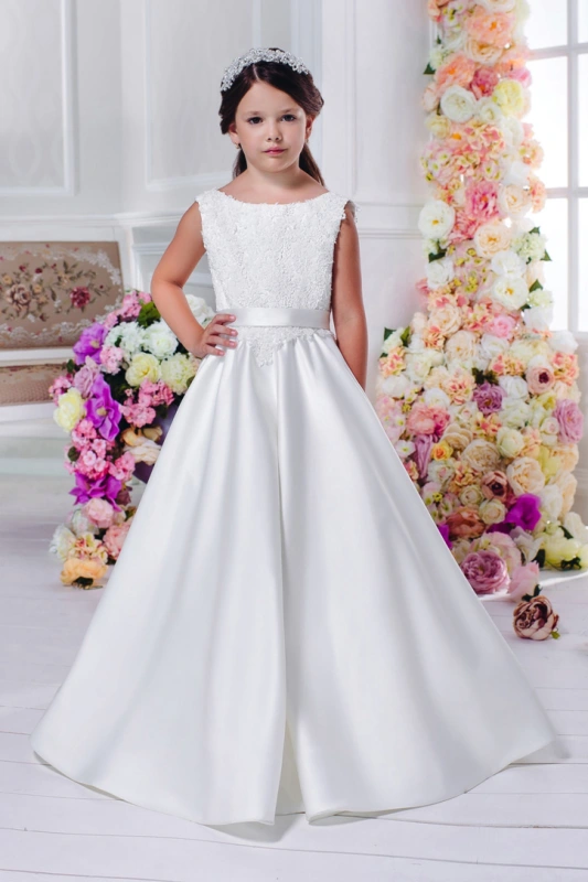 White Ivory Lace Satin Flower Girl Dress Girls Party Dress