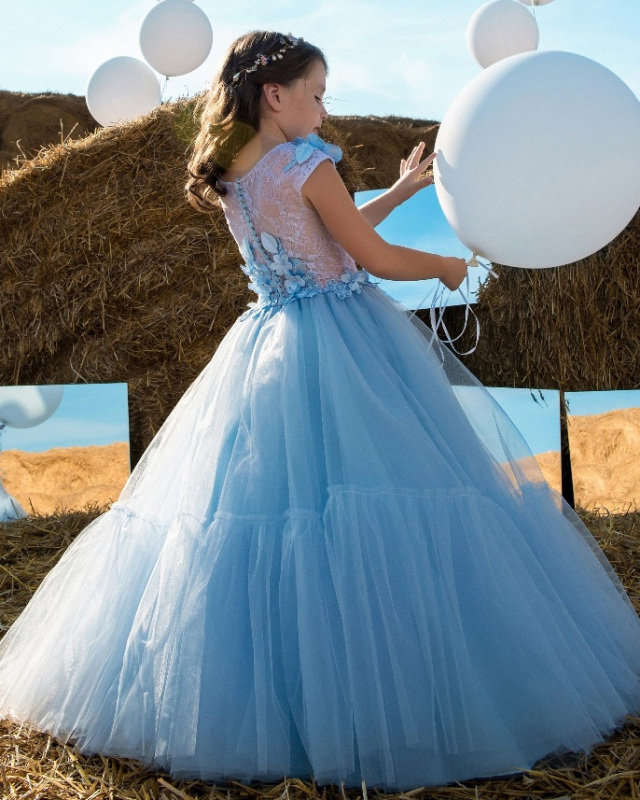 Blue Lace Tulle Tutu Flower Girl Dress Girls Party Dress