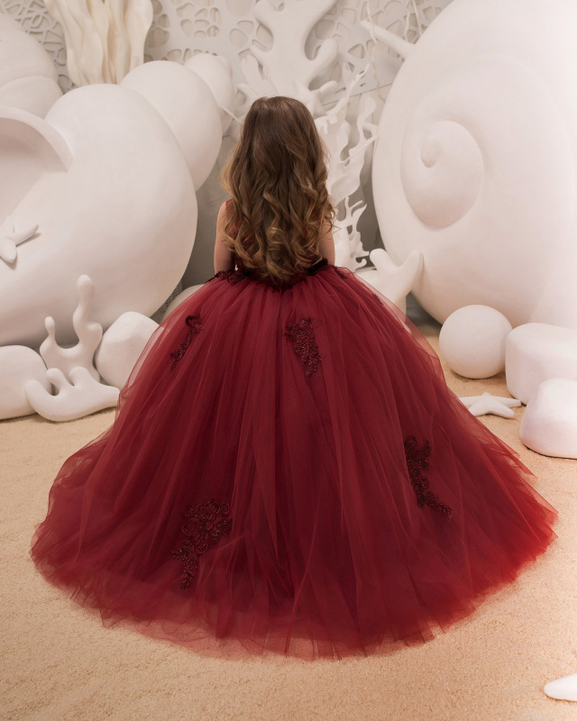 Burgundy Lace Tulle Flower Girl Dress Girls Party Dress