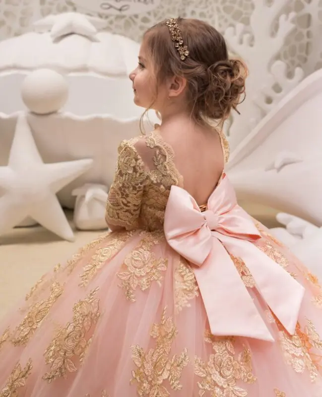 Free Shipping Champagne Lace Tulle Flower Girl Dress Girls Party Dress