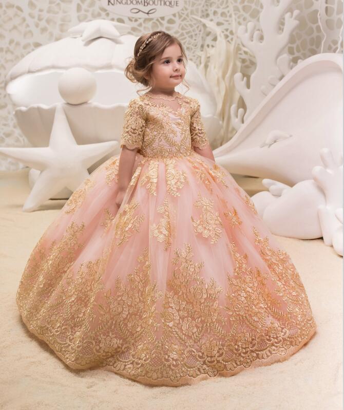 Free Shipping Champagne Lace Tulle Flower Girl Dress Girls Party Dress